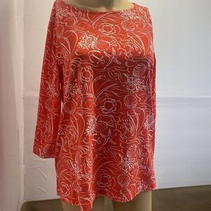 Appleseeds Womens Top Red Floral Blouse Lightweight 3/4 Sleeve Size PM Used